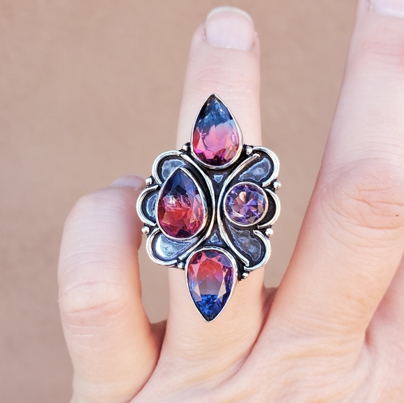 New Bicolor Tourmaline & Amethyst 925 Silver Ring. - Picture 7 of 11